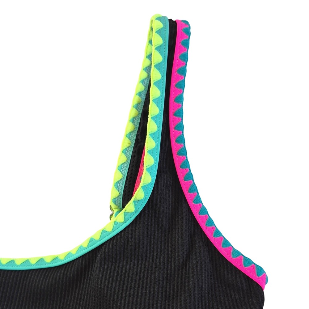 Popvil Womens One Piece Swimsuit Black Ribbed Neon Ric Rac Trim Size Large - Picture 5 of 7